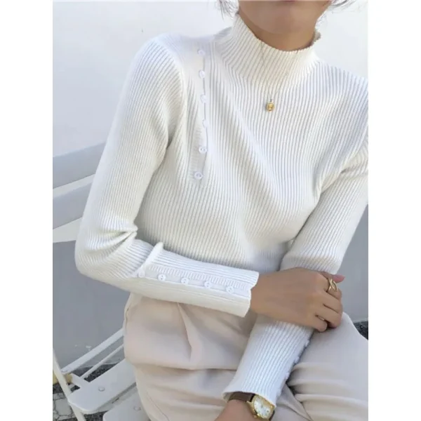 Maglione lavorato a maglia da donna dolcevita con bottoni a maniche lunghe pullover slim per maglioni femminili autunno inverno top morbidi e caldi 2