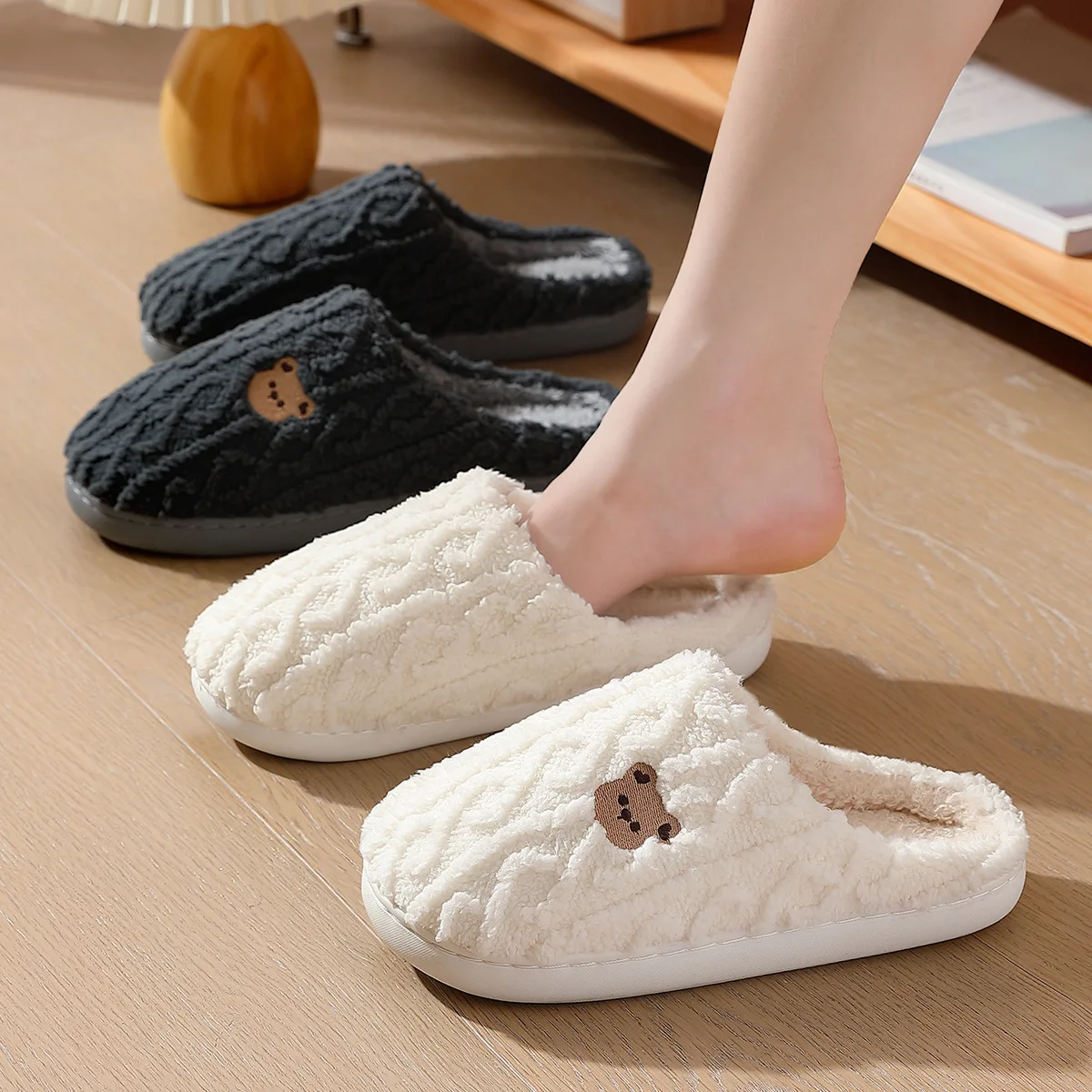 Nuove pantofole da casa design a righe donna inverno suola morbida antiscivolo scarpe di cotone uomo interno caldo peluche diapositive camera da letto soffici appartamenti 3