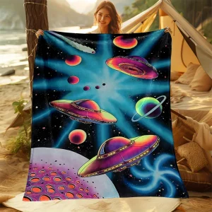Coperta in flanella ultra morbida con stampa UFO - Design versatile e reversibile per tutte le stagioni - Perfetta per letto, divano, campeggio 1