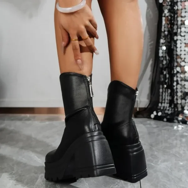 Chunky shoes Platform stivaletti neri per donna autunno inverno stivaletti in pelle Pu Mujer Punk stivali da moto con fondo spesso 4