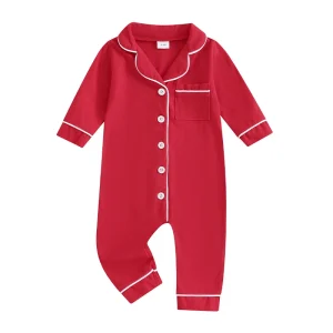 Neonati maschi Pagliaccetti Pigiama Patchwork Colletto rovesciato Bottoni Manica lunga Tute per neonati Indumenti da notte Indumenti da notte autunnali 1