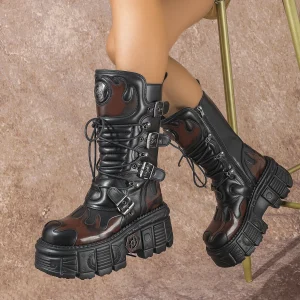 Stivali corti personalizzati Stivali da moto Heavy Metal Versatile a metà polpaccio da donna Rock Dark Cyberpunk 1