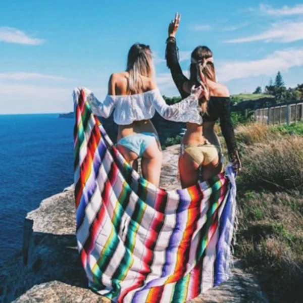 Coperta Serape messicana da viaggio a righe arcobaleno coperte da spiaggia tappetino con nappa per letti copridivano da Picnic all'aperto in pile di cotone 6