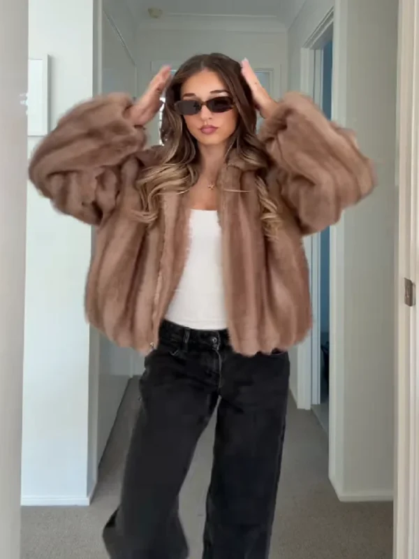 Cappotto da donna in pelliccia sintetica Colletto rovesciato Manica intera Cerniera Capispalla femminile allentato 2025 Capispalla da donna caldo e spesso di moda High Street 1