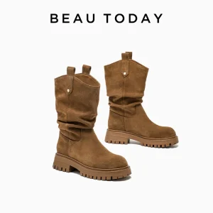BEAUTODAY Stivali western increspati Donna Pelle scamosciata di mucca Rivetto Decorazione Punta rotonda Tinta unita Autunno Inverno Scarpe fatte a mano 06304 1