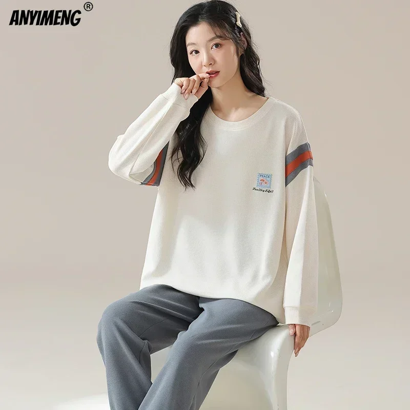 Nuovo pigiama in cotone Waffle autunno inverno per donna pigiameria a maniche lunghe pigiama sportivo Casual o-collo donna Loungewear 4