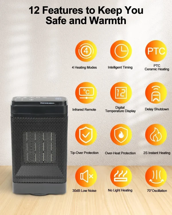Riscaldatore elettrico da 1500 W per l'inverno PTC Supporto per riscaldamento rapido Testa di controllo remoto Scuotendo il ventilatore d'aria portatile da tavolo domestico 3
