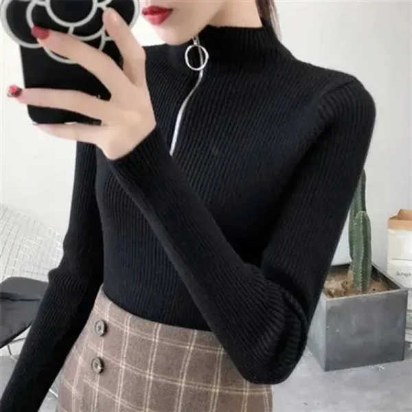 Maglione da donna lavorato a maglia con cerniera a collo mezzo alto Pullover Autunno Inverno Maglioni da donna basic Slim Maglieria solida Pull Femme Top 4