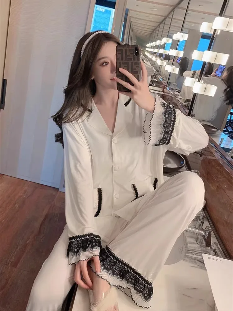 Pigiama da donna Primavera e autunno Pantaloni a maniche lunghe Set Pigiama sexy in pizzo Pigiama Homewear Nuovo pigiama casual Homewear Set 2