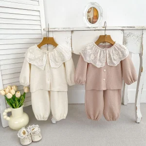 Children's Clothing Set 2025 Fall Spring New Girl's Long Sleeve Dress Lace Collar Cotton Cardigan + Pants Two Piece Dress 1