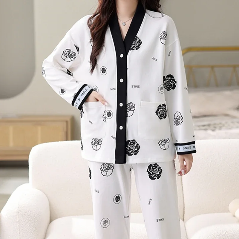 Pigiama da donna Fashion Chic Set Autunno Inverno Nuovo cotone finto maniche lunghe Indumenti da notte per Lady Abiti eleganti Kimono Risvolto Pjs 3