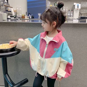 Nuove giacche Colorblocking primavera ragazze moda cappotti sottili autunno bambini vestiti grandi bambini Casual Zipper capispalla 2-10 anni 1