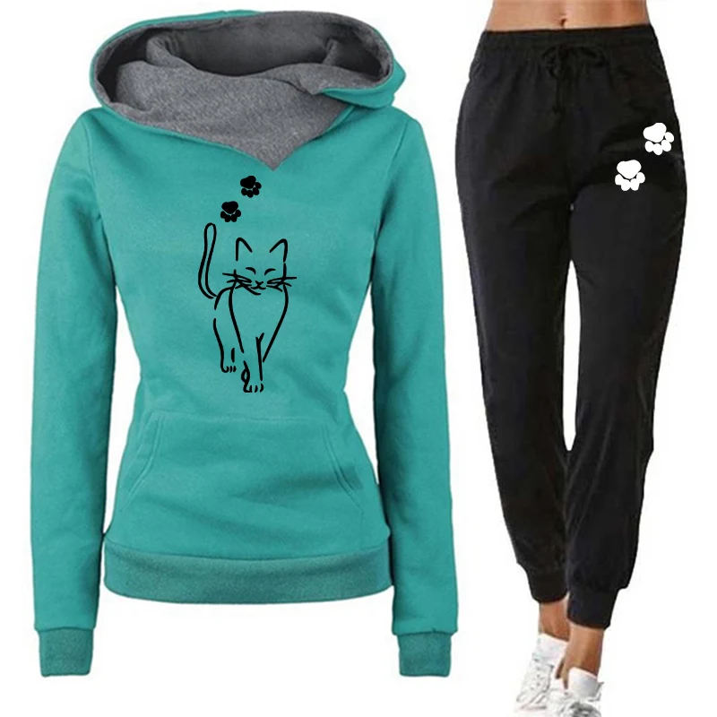 Tuta da donna elegante con stampa gatto Felpe con cappuccio versatili quotidiane Felpe o pantaloni da jogging Casual 2025 Abbigliamento caldo autunno inverno 3