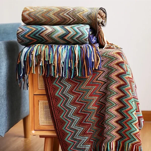 Coperte lavorate a maglia coperta a quadri bohémien copridivano con nappe copriletto da viaggio per il tempo libero coperta copriletto boho 4