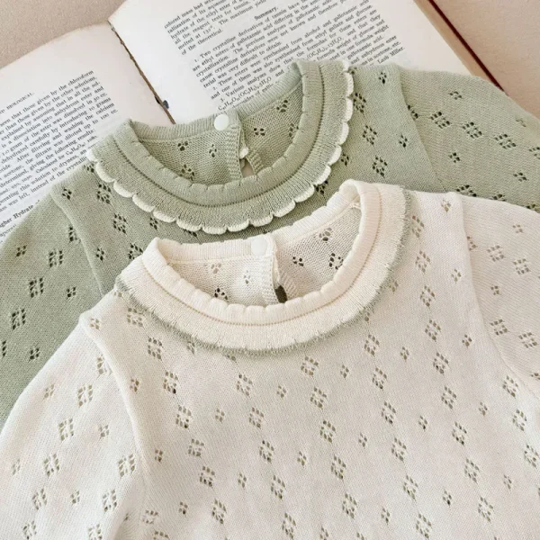 2025 Nuovo Autunno 0-4 Anni Abbigliamento per bambini Neonate Tinta unita Pullover lavorato a maglia Maglioni Bambini Manica lunga Scava Fuori Maglione 6
