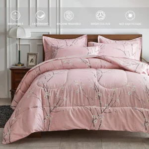 Set trapunta stampata con fiori di pruno rosa con federa da 2 pezzi Piumini caldi primaverili e autunnali Trapunte Coperta letto matrimoniale singola 1