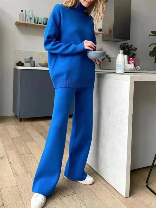 Autunno Inverno 2 pezzi Set da donna Tuta lavorata a maglia Maglione a collo alto e pantaloni da jogging dritti 5