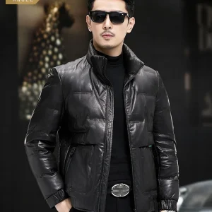 Giacca in vera pelle da uomo invernale colletto alla coreana piumino d'anatra bianco lavoro d'affari soprabito caldo spesso giacca in pelle di vacchetta slim fit 1