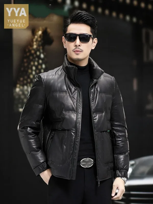 Giacca in vera pelle da uomo invernale colletto alla coreana piumino d'anatra bianco lavoro d'affari soprabito caldo spesso giacca in pelle di vacchetta slim fit 1