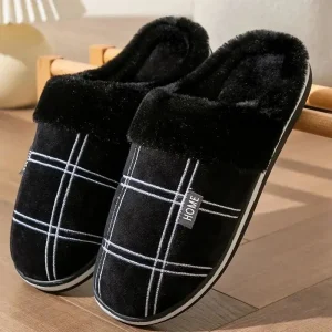 Pantofole da casa da uomo plaid memory foam invernale peluche scarpe da interno maschili calde morbide pantofole antiscivolo nere di grandi dimensioni 50-51 moda 1