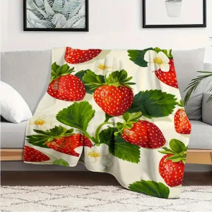 Coperta portaoggetti in poliestere a maglia grossa con motivo a fragole e motivi floreali, morbida e accogliente coperta per tutte le stagioni per ufficio, divano 1