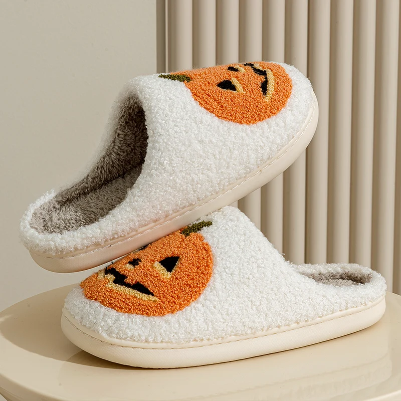 Sorriso zucca Halloween pantofole da donna inverno interno cartone animato comfort casa camera da letto morbido causale scarpe piatte in peluche per regalo 5