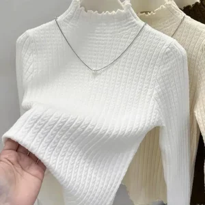 2025 Pullover da donna a maniche lunghe lavorato a maglia con strato base semplice Autunno Inverno Dolcevita con volant Maglione da donna Solido maglione casual 1