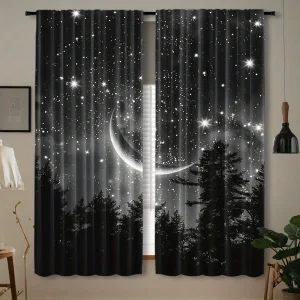 2 tende per la notte della luna del cielo stellato della foresta, finestra tascabile con asta nera con design a mezzaluna e cielo stellato, perfette per la camera da letto 1