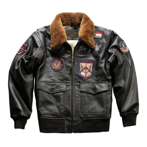 Giacche in pelle bovina Top Gun 2 Bomber in vera pelle Pilot Moto e Biker ricamo cappotto Casual da uomo Winter Cowskin collo di lana di agnello 1