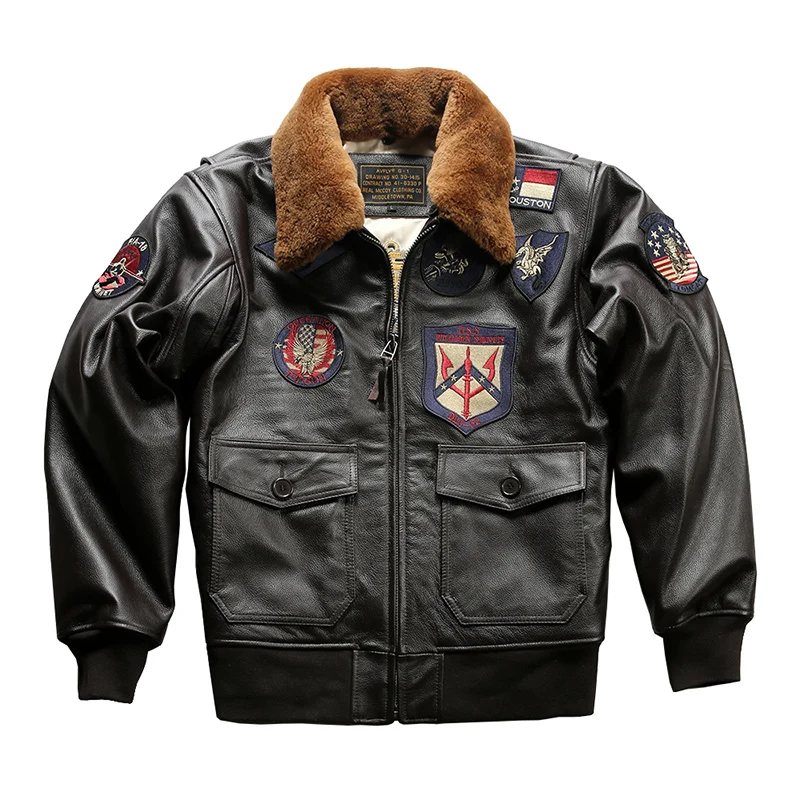 Giacche in pelle bovina Top Gun 2 Bomber in vera pelle Pilot Moto e Biker ricamo cappotto Casual da uomo Winter Cowskin collo di lana di agnello 1