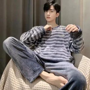 Pigiama di flanella invernale da uomo Versione coreana del cartone animato imbottito a maniche lunghe a maniche lunghe a righe Set di indumenti da notte Pigiama da notte 1