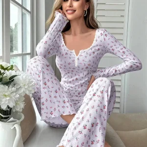 Pigiama autunno inverno Set pigiama da donna con stampa floreale Top con finiture in lattuga con pantaloni lunghi Indumenti da notte adorabili a maniche lunghe 1