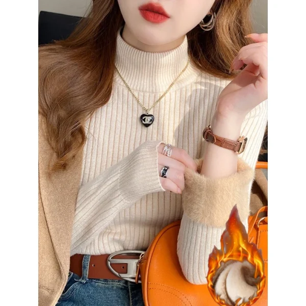 Maglione a collo alto da donna Inverno 2025 Retro con fodera in velluto Abbigliamento interno ispessito Maglia termica con fondo Pullover 3