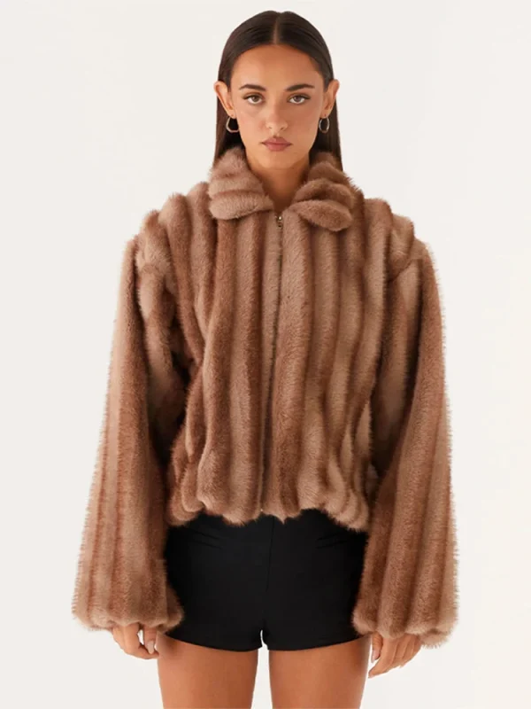 Cappotto da donna in pelliccia sintetica Colletto rovesciato Manica intera Cerniera Capispalla femminile allentato 2025 Capispalla da donna caldo e spesso di moda High Street 4