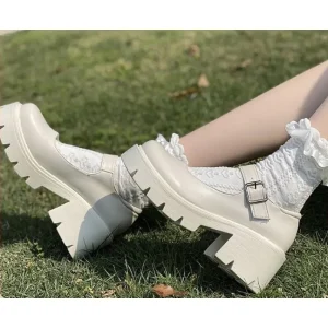 Scarpe bianche da donna con suola spessa punta tonda Mary Jane scarpe singole scarpe con tacco medio alto retrò scarpe casual con décolleté in stile britannico 1