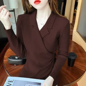 Maglione base con scollo a V sottile di fascia alta retrò autunno e inverno da donna lavorato a maglia 1