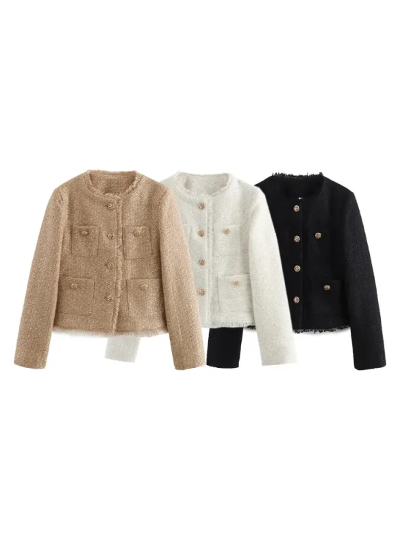 Cappotto da giacca basic in tweed femminile chic Abbigliamento da donna Capispalla in lana Manica lunga Bottone frontale Capispalla femminile Top chic 5