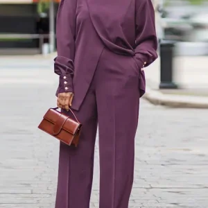 Plus Size VONDA Donna Autunno Collo alto Abiti Tinta unita Manica lunga Set coordinati Elegante pantaloni lunghi con spacco e gamba larga 2 pezzi 1