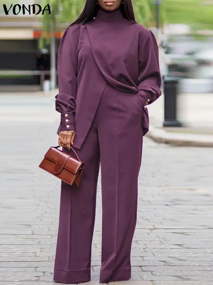 Plus Size VONDA Donna Autunno Collo alto Abiti Tinta unita Manica lunga Set coordinati Elegante pantaloni lunghi con spacco e gamba larga 2 pezzi 1