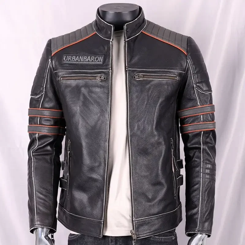 Giacca in vera pelle per uomo colletto corto in piedi con ricamo teschio giacca moto Harley uomo cappotto in pelle di mucca maschile 4