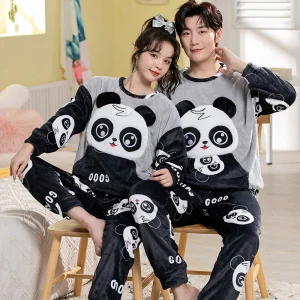Nuovo inverno morbido flanella loungewear per coppia panda coniglio cartone animato indumenti da notte moda uomo donna pigiama set per gli amanti della gioventù vestito 1