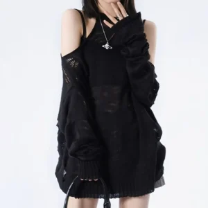 2024 Autunno Versatile Top Show Spalla Lavorata a Maglia Sottocultura Y2K Dolce Spice Girl Sottile Scava Fuori Chic Maglione Pullover 1