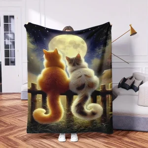 1 accogliente coperta in pile per coppia di gatti - Morbida flanella calda con affascinanti gatti illuminati di luna per un uso singolo o doppio - Ideale 1