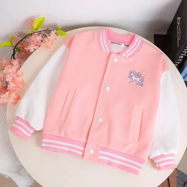 Cappotto da baseball per ragazze da 3-12 anni Primavera Autunno Simpatico cartone animato Unicorno Capispalla Moda Ragazza adolescente Giacca sportiva Abbigliamento per bambini 3