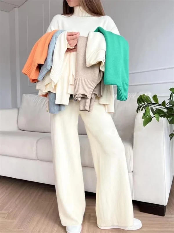 Autunno Inverno 2 pezzi Set da donna Tuta lavorata a maglia Maglione a collo alto e pantaloni da jogging dritti 2