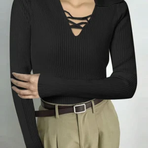 VONDA 2025 Maglioni autunnali da donna Elegante Lady Manica lunga con scollo a V Pullover Moda casual Solid Scava fuori Maglioni Maglieria 1