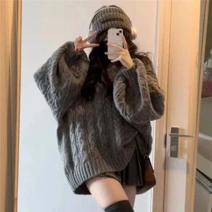 Maglione da donna autunno inverno Harajuku pullover lavorato a maglia oversize coreano manica lunga scollo a V maglieria maglione allentato solido preppy 1