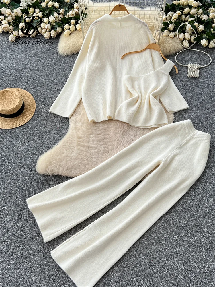 SINGREINY Inverno Homewear Casual Abiti da donna Autunno Cardigan in maglia + Gambe larghe Pantaloni lunghi Ins Solido Allentato Caldo Set di tre pezzi 6