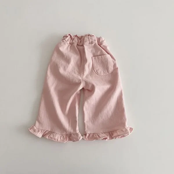 2025 Pantaloni primaverili per ragazze Pantaloni casual a gamba larga con volant per bambini Pantaloni autunnali alla moda per bambini Pantaloni larghi a vita alta a vita alta 4