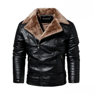 Giacca in pelle da uomo Autunno e inverno Nuovo design con cerniera inclinata in tinta unita Cappotto da viaggio con risvolto da uomo Abbigliamento in pelle calda 1